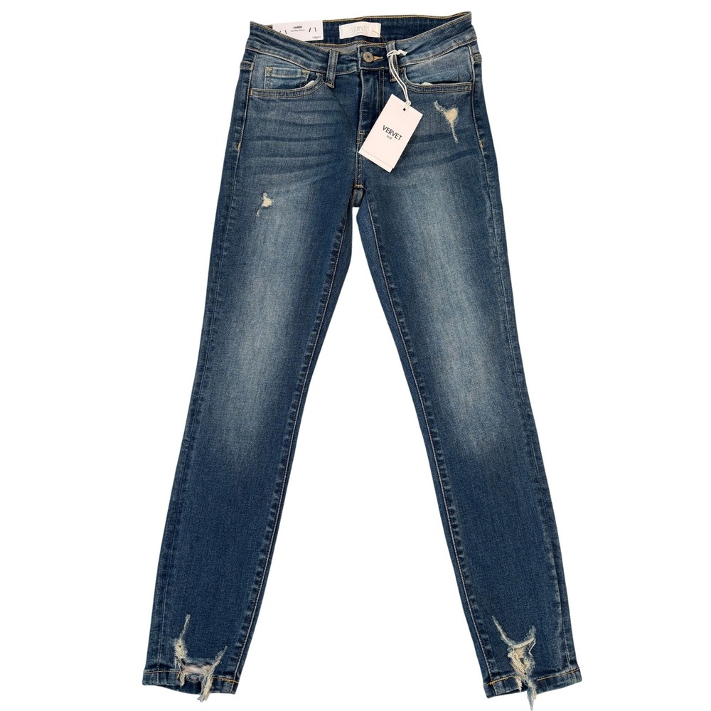 Vervet Blue Amber Mid Rise Skinny Jeans Distressed Frayed Hem Size 25 T5115